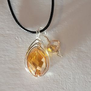 Orange Gemcut Octagon Glass Wire Wrapped Necklace